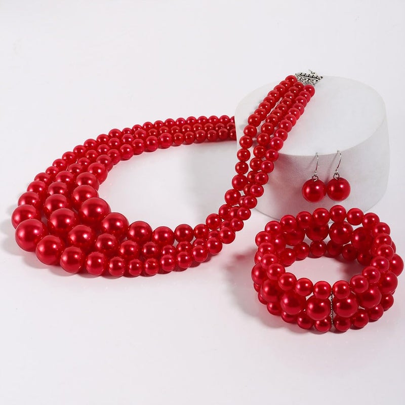 KOSMOS-LI Large Jewelry Sets 3 Layer Simulated Red Pearl Women's Statement 18" Necklace Bracelet and Earrings - Image 4